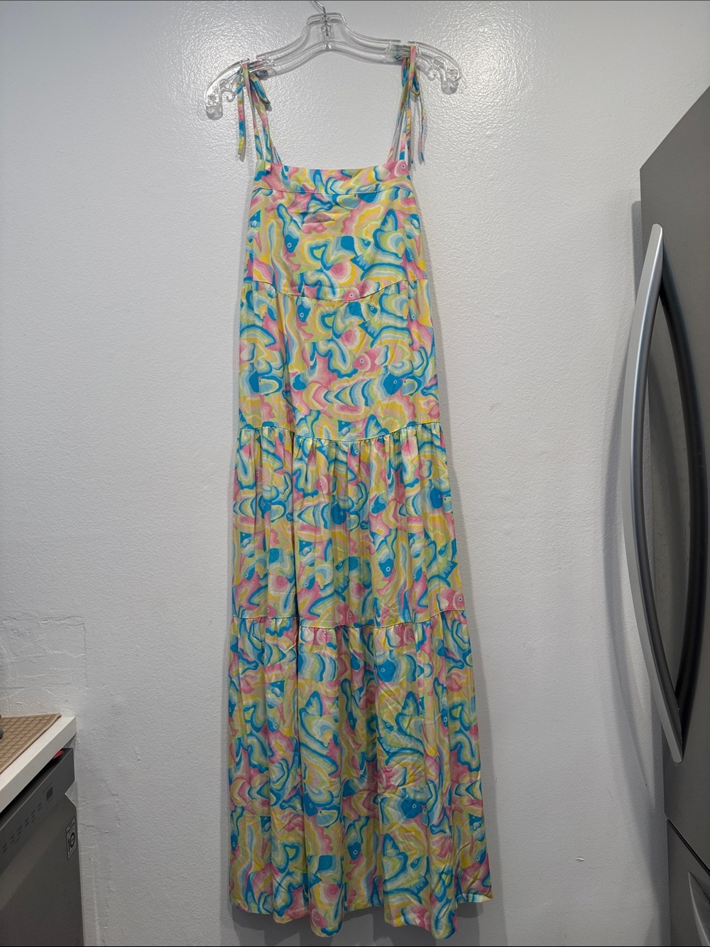 Kenny Flowers ST. LUCIA Tiered Fish Print Maxi Dress Size Medium Resort Coastal